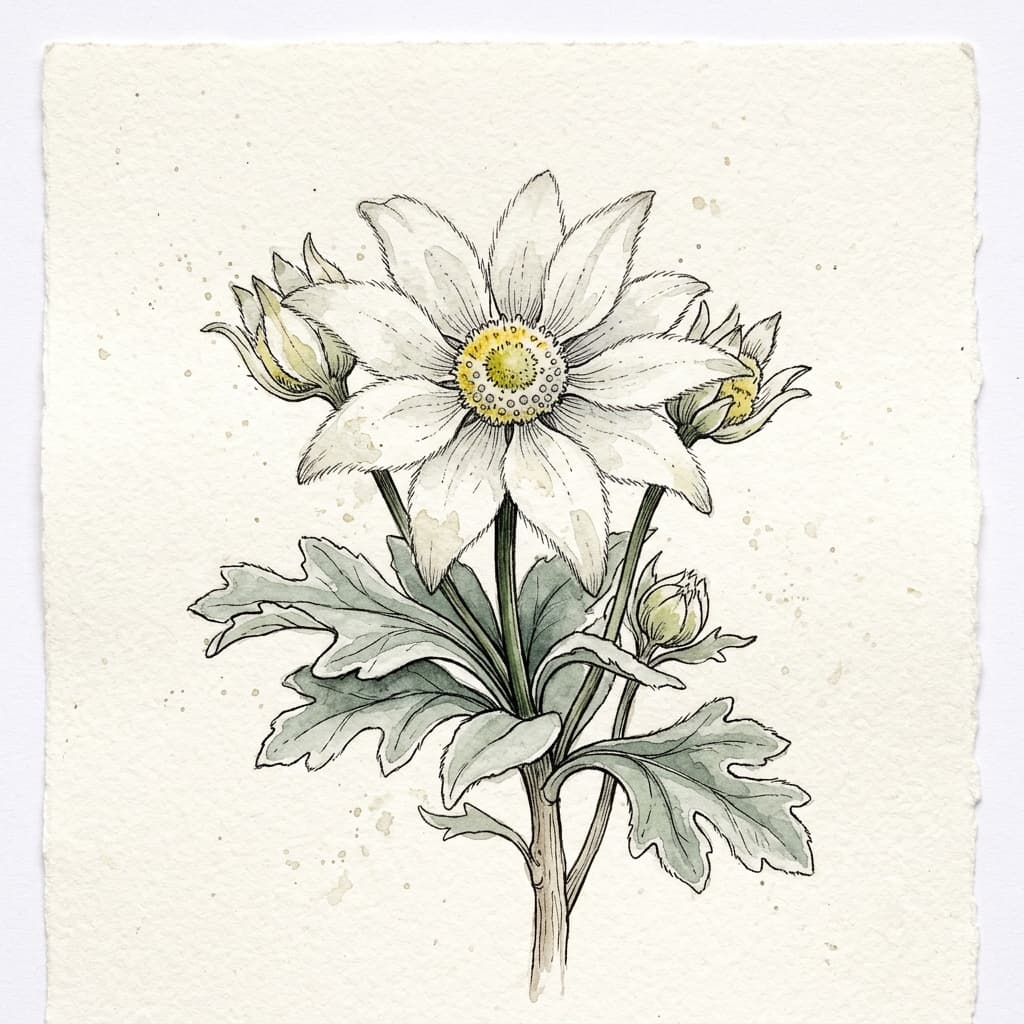 Flannel Flower stylized watercolor botanical illustration