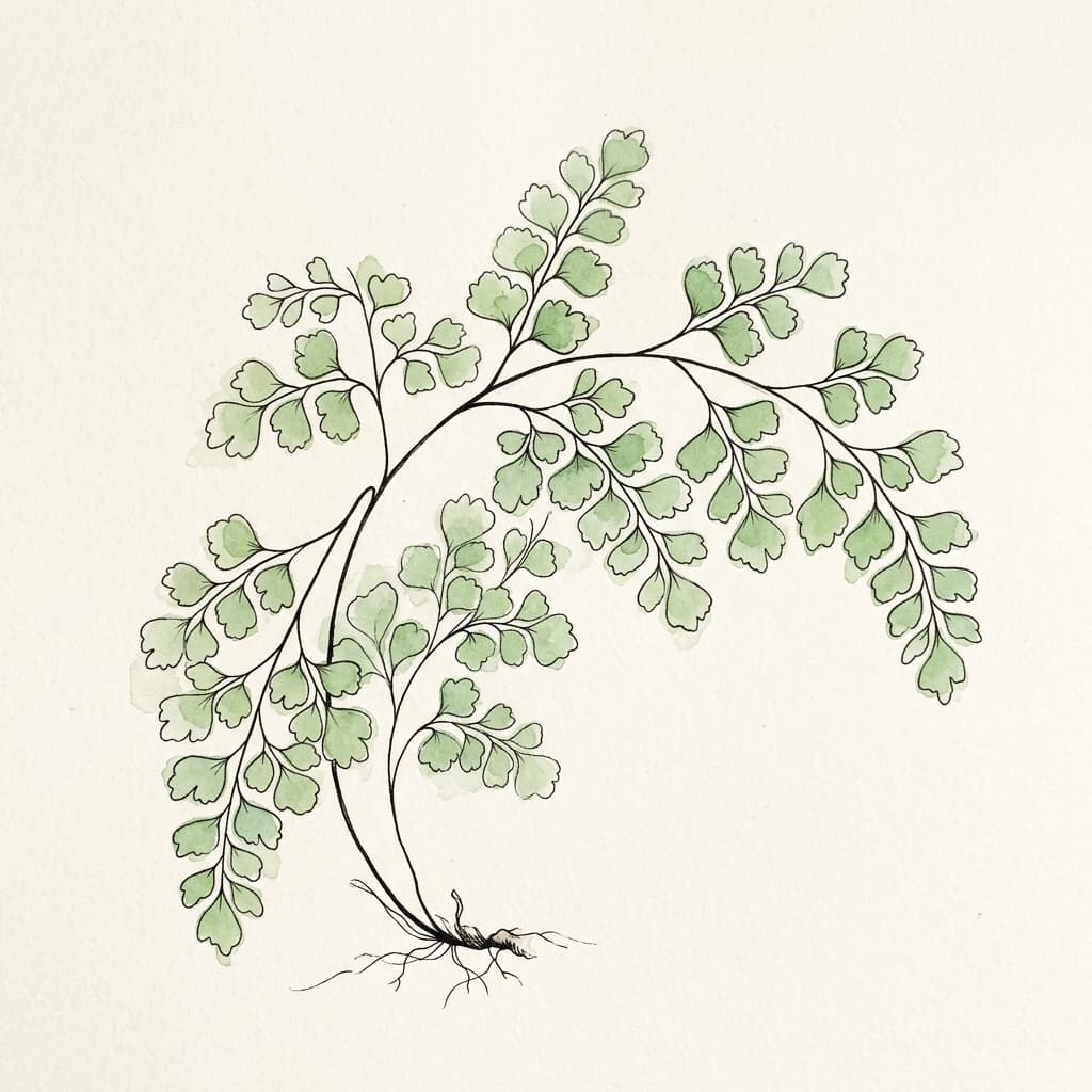 Common Maidenhair Fern stylized watercolor botanical illustration