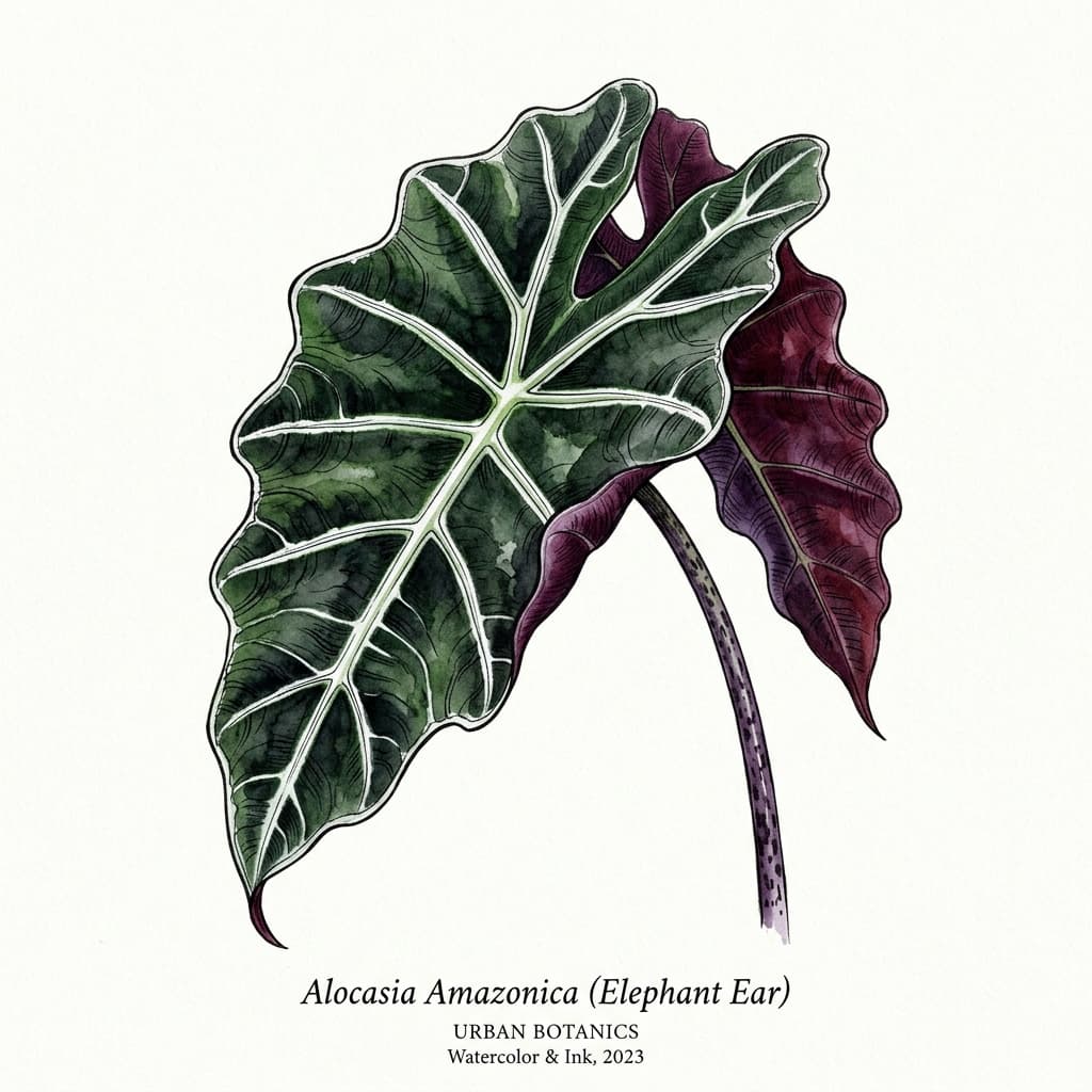 Elephant Ear stylized watercolor botanical illustration