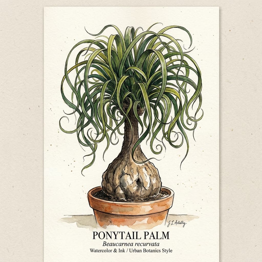 Ponytail Palm stylized watercolor botanical illustration