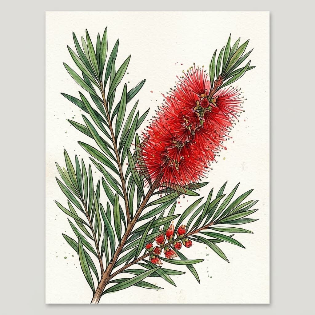 Weeping Bottlebrush stylized watercolor botanical illustration