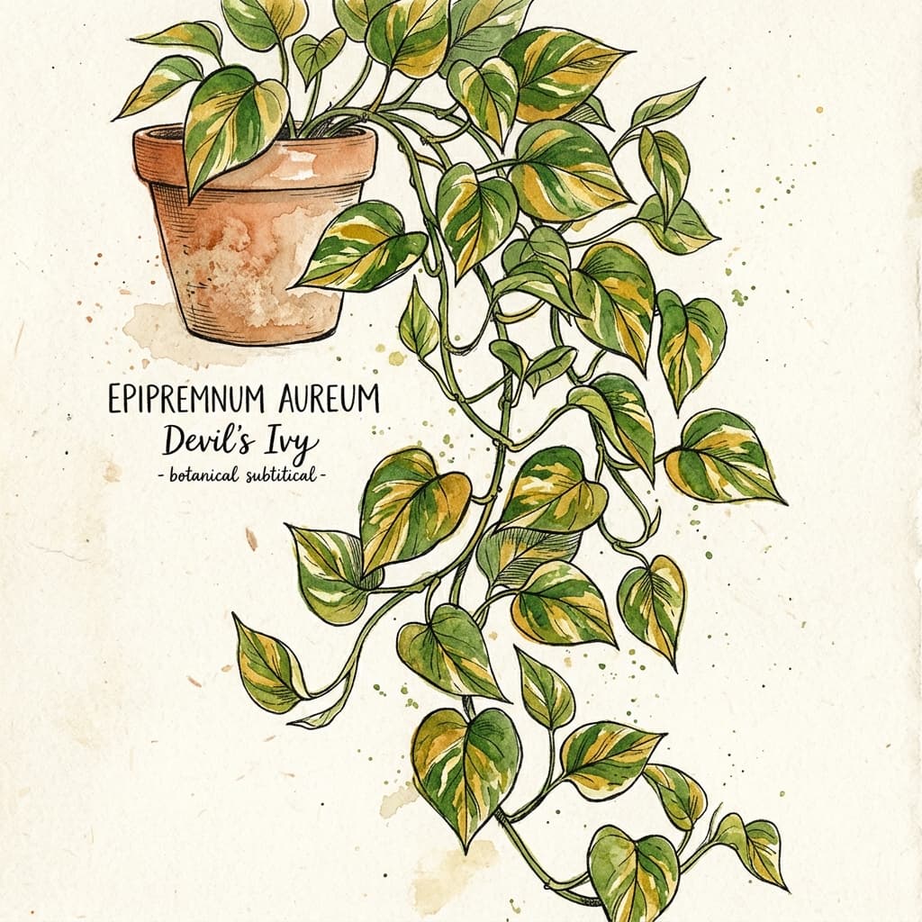 Devil's Ivy stylized watercolor botanical illustration