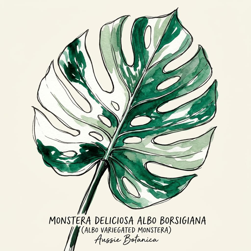 Albo Variegated Monstera stylized watercolor botanical illustration
