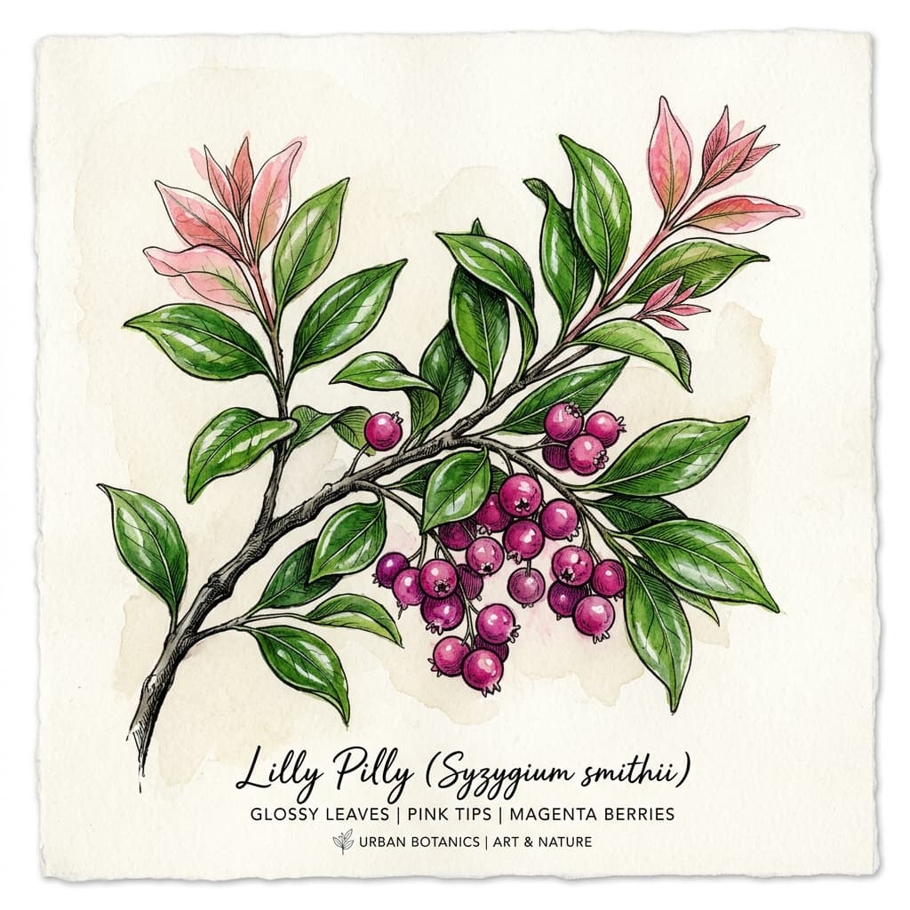 Lilly Pilly stylized watercolor botanical illustration