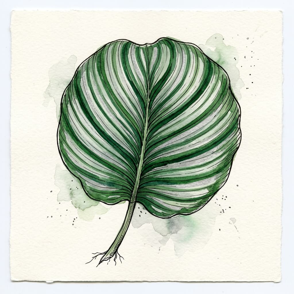 Round-leaf Calathea stylized watercolor botanical illustration