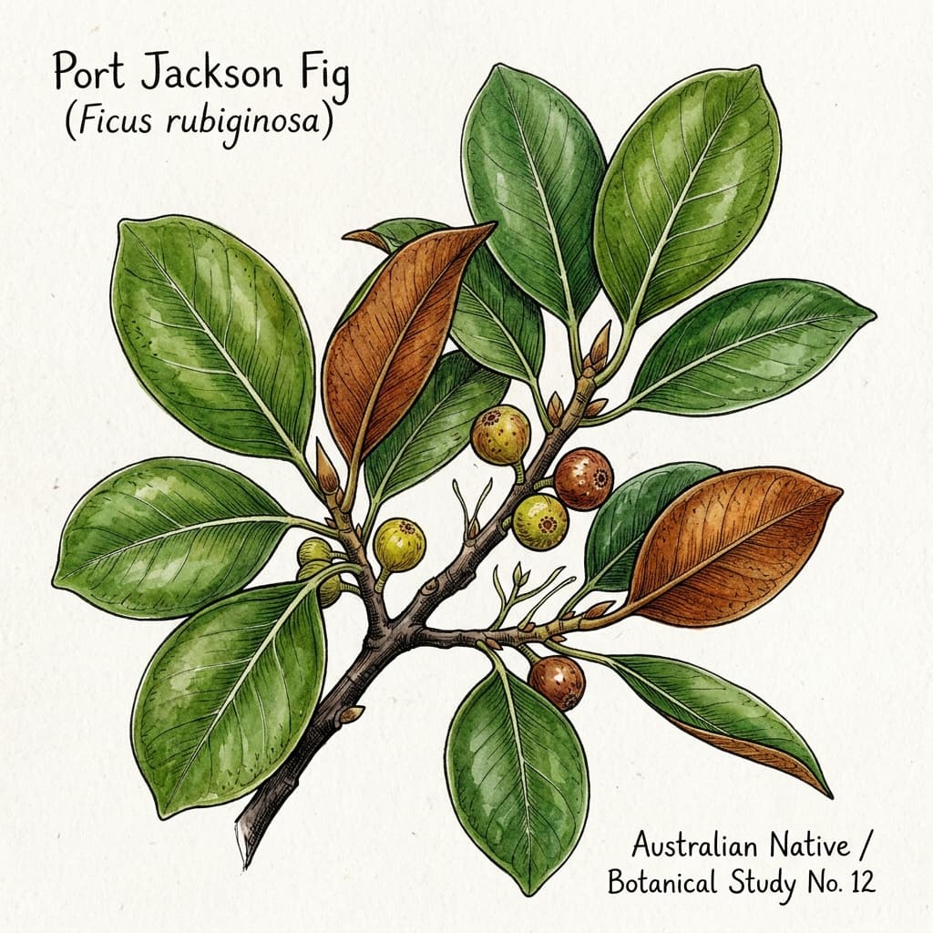 Port Jackson Fig stylized watercolor botanical illustration