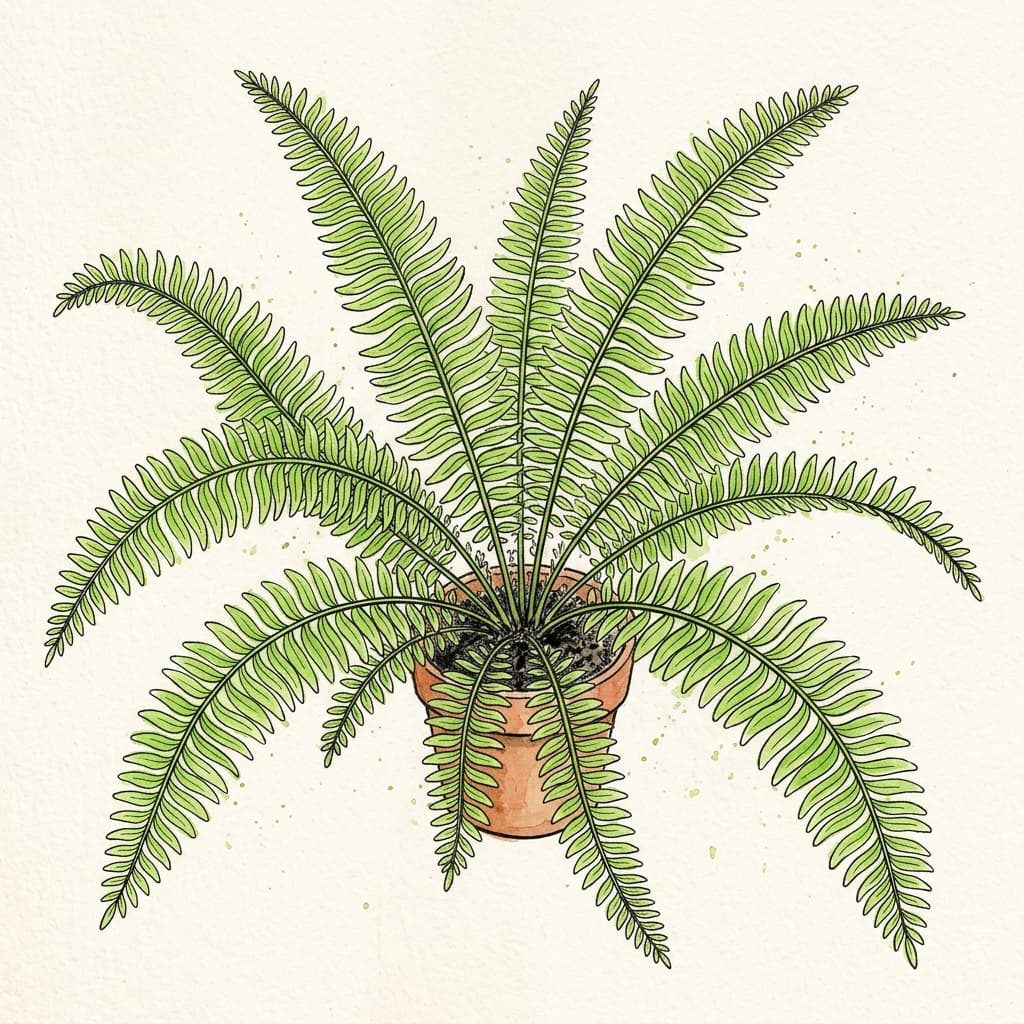 Boston Fern stylized watercolor botanical illustration