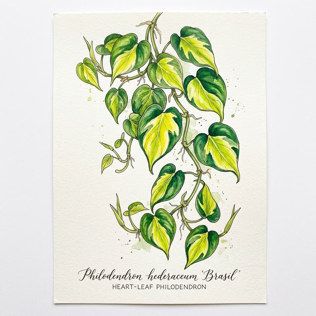 Philodendron Brasil stylized watercolor botanical illustration