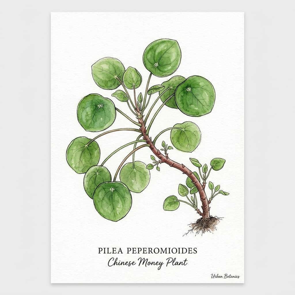 Chinese Money Plant stylized watercolor botanical illustration