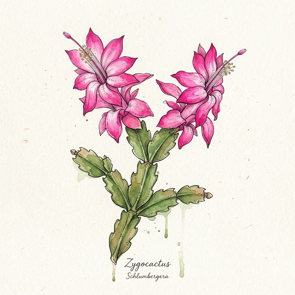 Zygocactus stylized watercolor botanical illustration