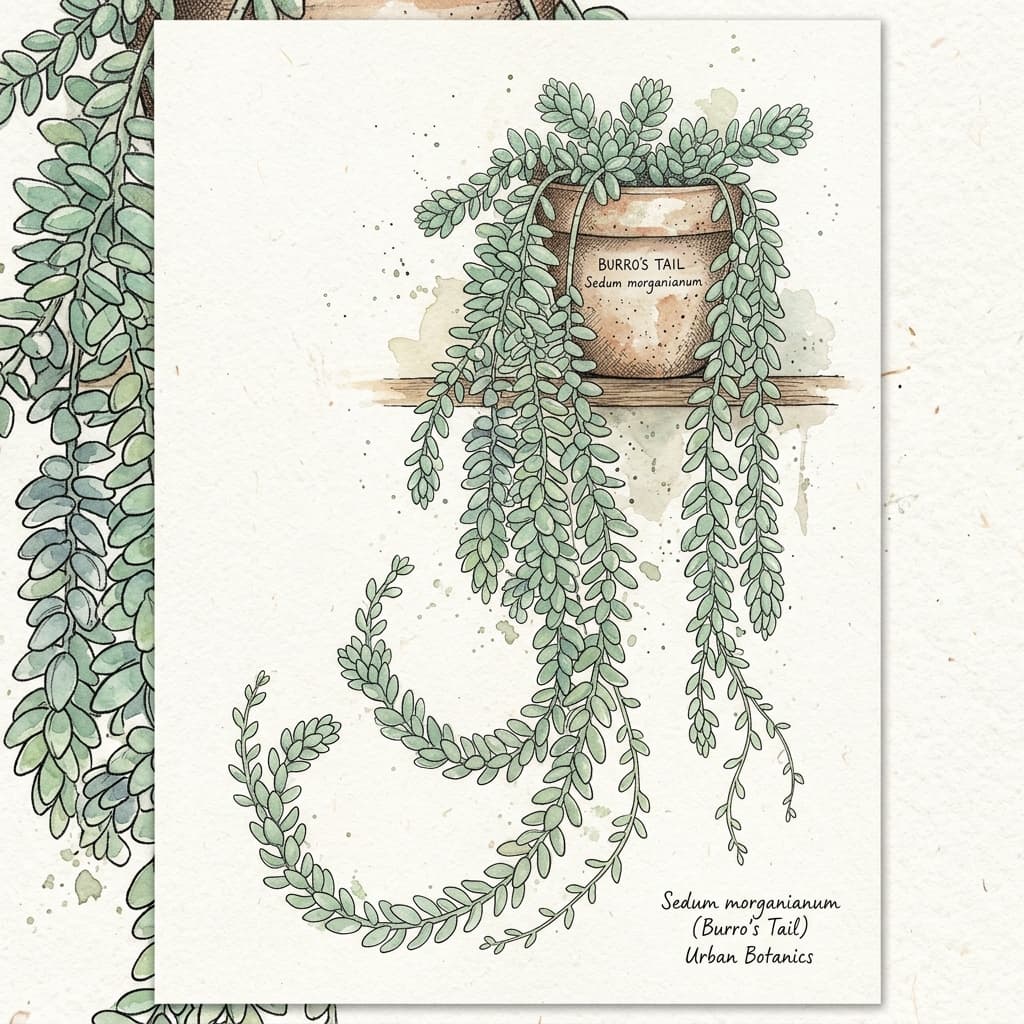 Burro's Tail stylized watercolor botanical illustration